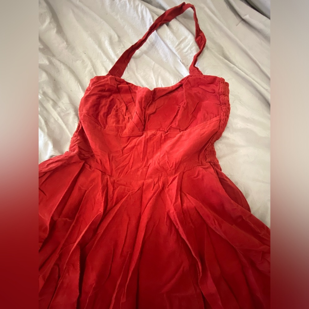 Girls from savoy Anthropologie red orange 50s corduroy midi swing dress